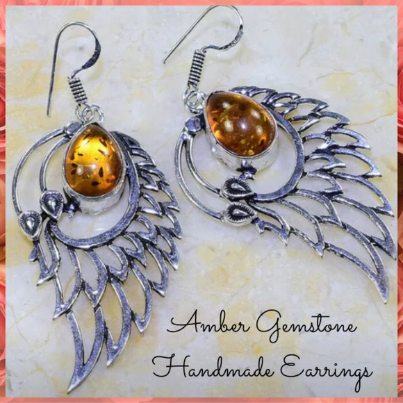Beautiful Amber Gemstone 925 Silver Angel Wings Dangle Drop Earrings - Picture 1 of 6